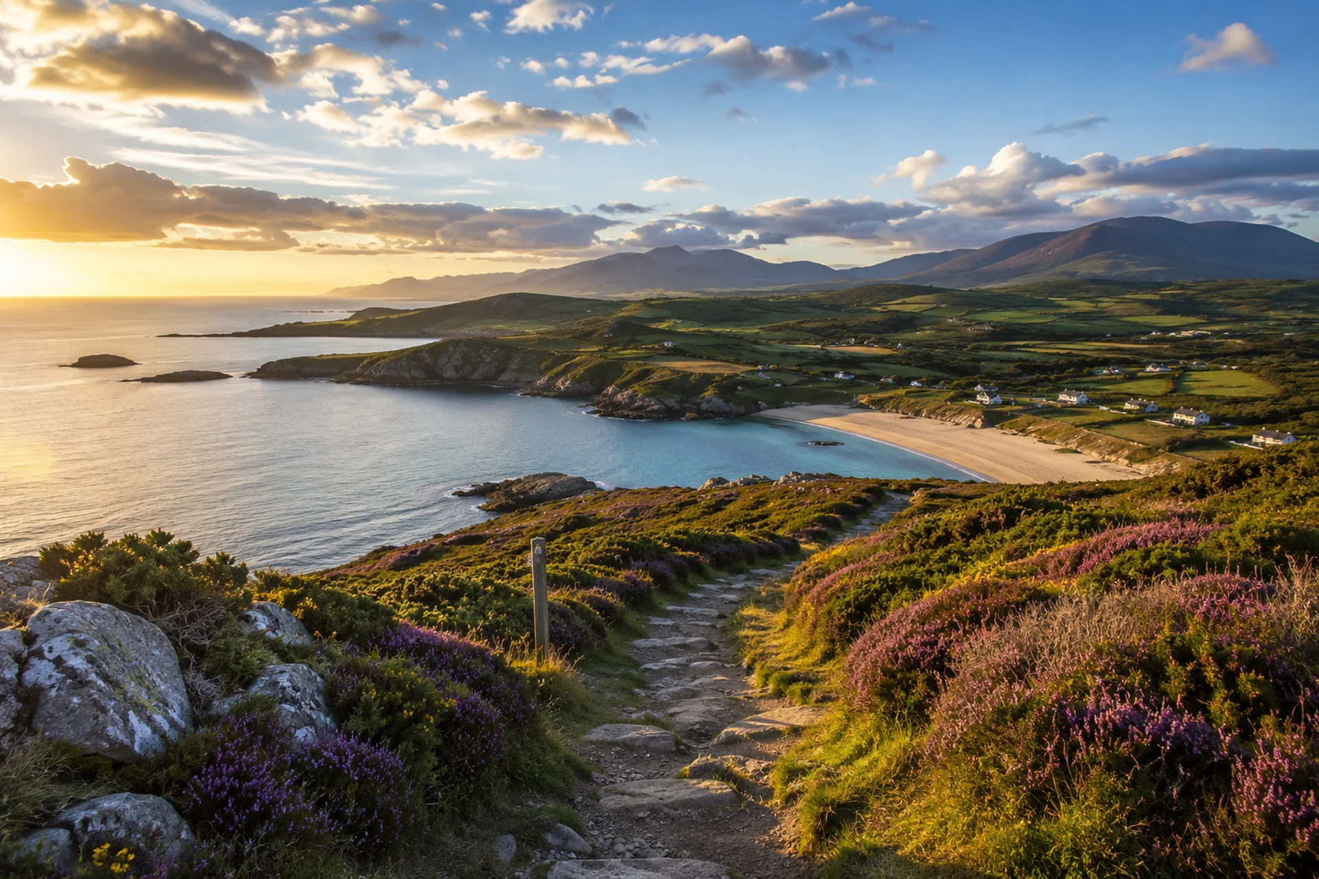Sunset over the coastline and heather-covered headlands of the Llŷn Peninsula