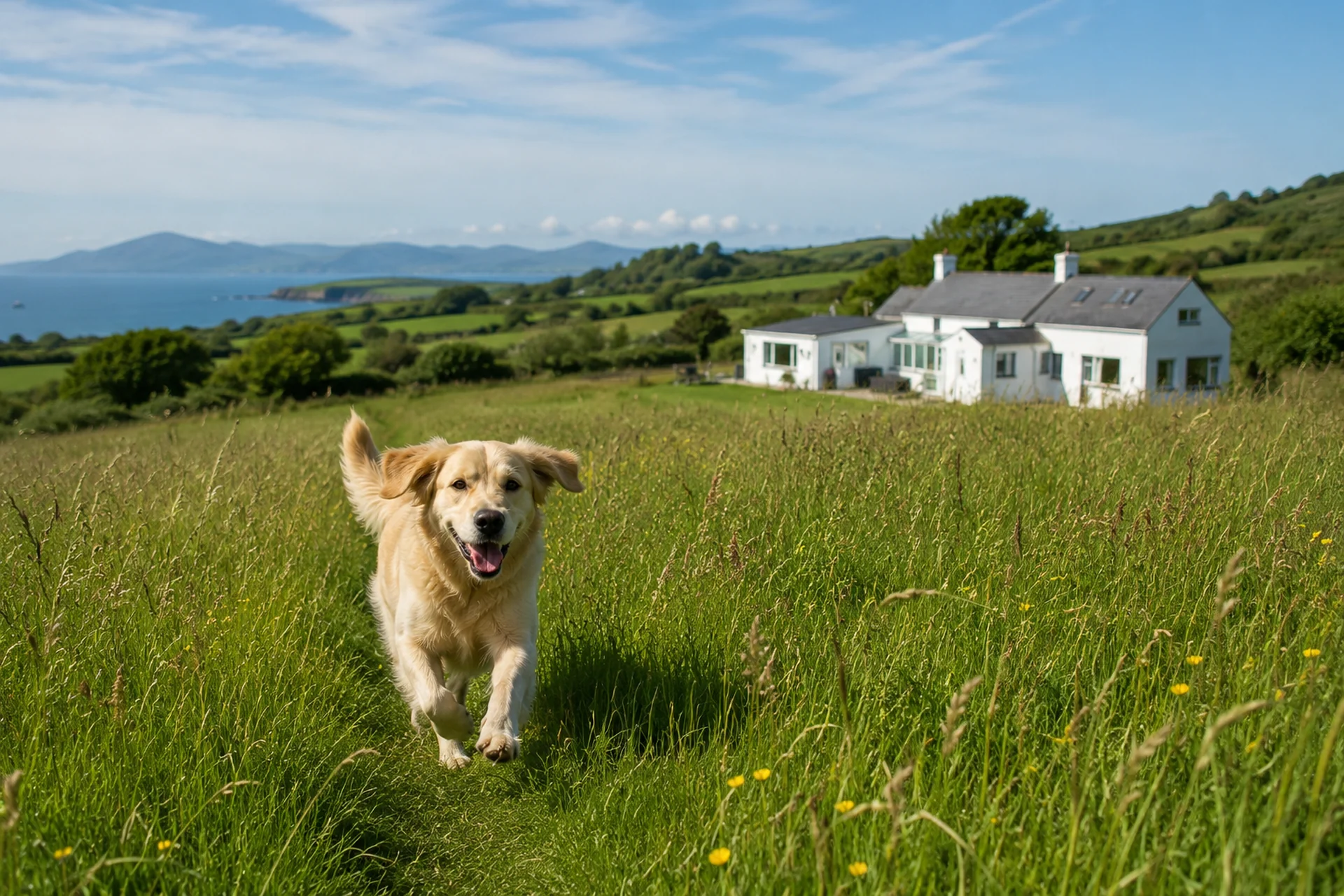 A dog relaxing in the fields at Tyn y Big Estate