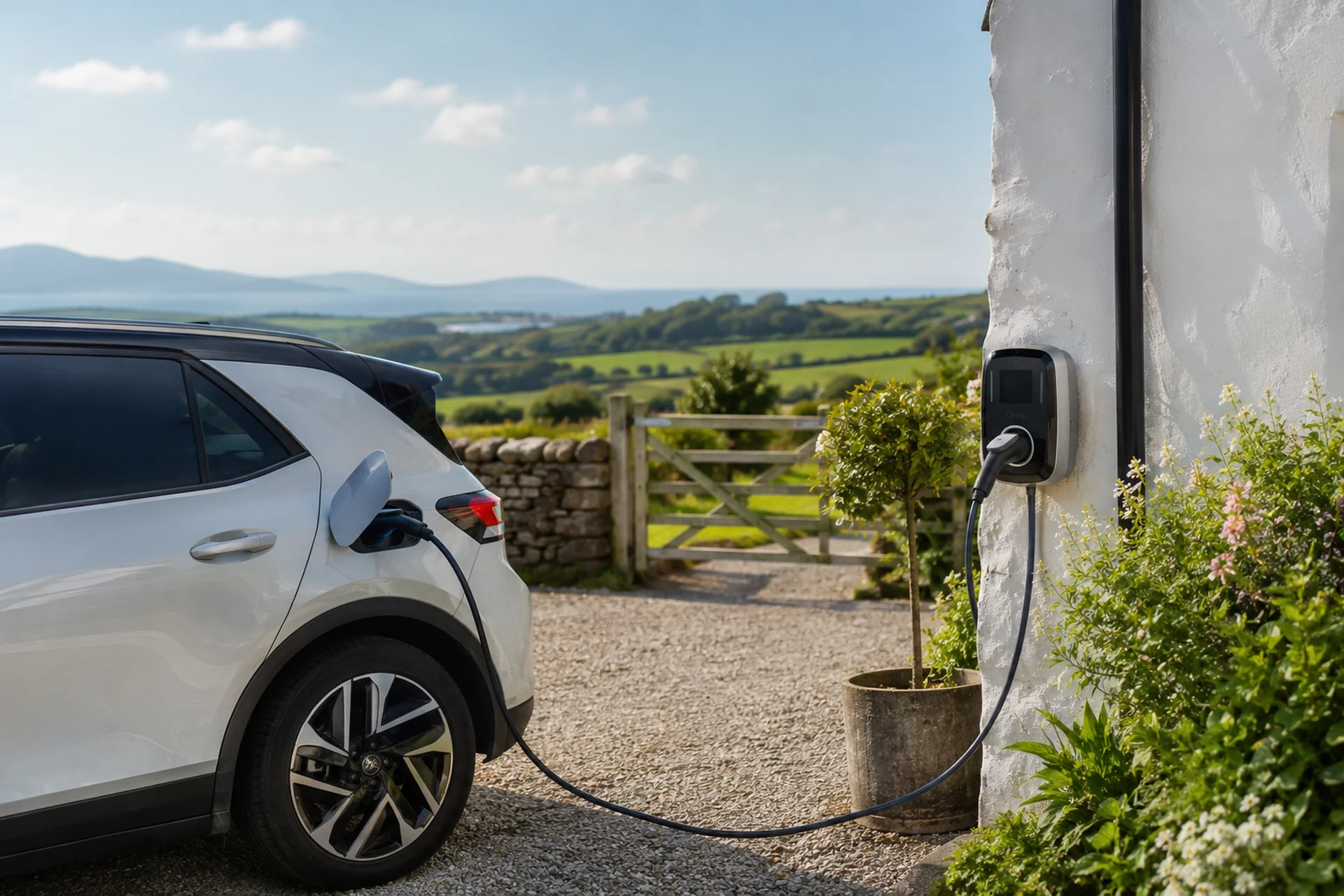 Electric car charging on the private driveway at Tyn y Big Estate